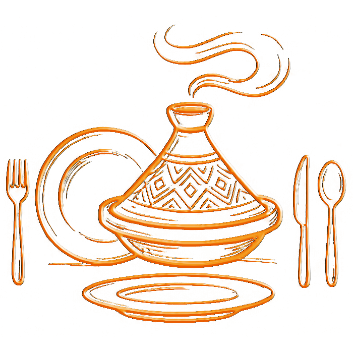 Stylized Restaurant icon showing a plate and cutlery symbolizing dining service with a simple graphic background